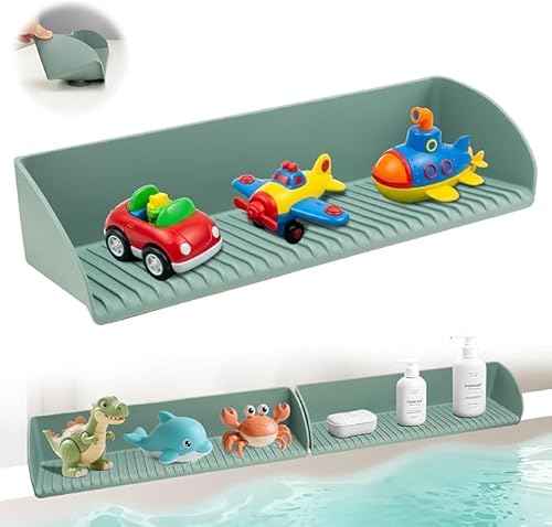 Kids Bathtub Splash Guard, Silicone Tub Shelf with Toy Storage, Extra-Wide Design, Strong Suction Cups