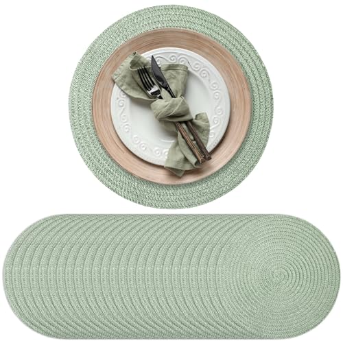 Gandeer 13 Inch Round Woven Placemats Set of 24 Braided Boho Place Mats Straw Non Slip Heat Resistant Mats Rustic Dinner Table Chargers for Wedding Party Home Dining Centerpiece(Sage Green)