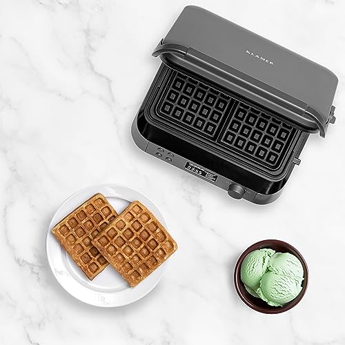 Foto von KLAMER Waffeleisen 1600W, doppelte belgische Waffeln, 7 Bräunungsstufen und 5 Programme auf Display, Platten mit Antihaftbeschichtung, Überlaufrille