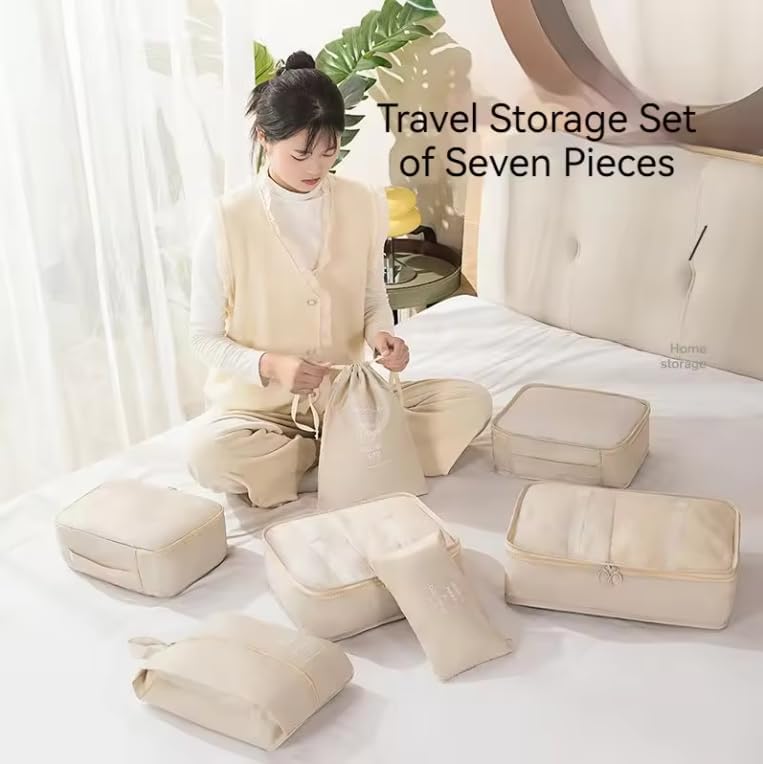 Kit Organizador de Malas Para Viagem Conjunto Organizador de Bagagem 7 Peças Bolsa Organizadora Para Roupas Acessórios Sapato Estojo de Maquiagem Cosméticos (Creme)