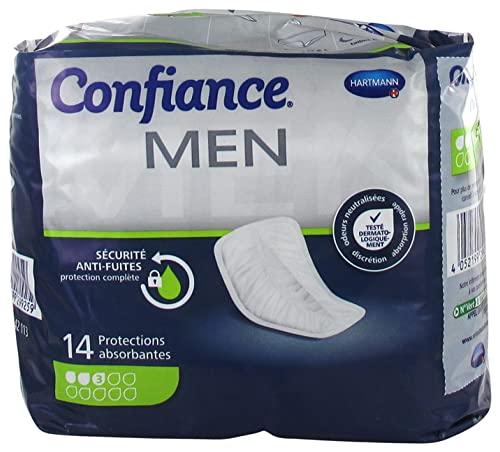 Confiance Men – Pequeñas protecciones anatómicas absorbentes para hombres – Discretos – Absorción – 3 gotas (fugas urinarias medianas) – pH neutro a la piel – 14 unidades