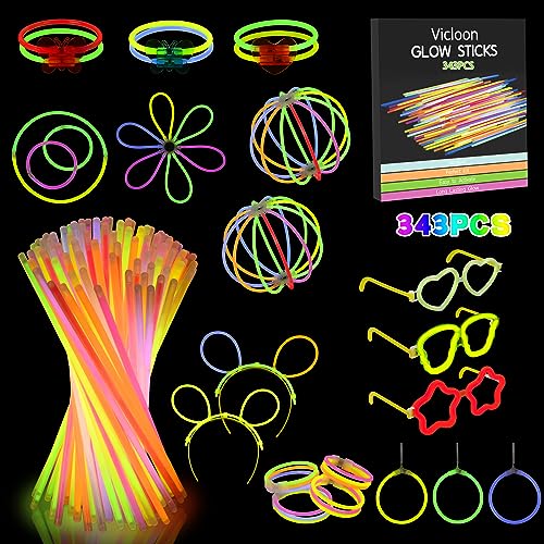 Vicloon Barras Luminosas, 343pcs Pulseras Luminosas con Conectores, Pulseras Luminosas, Pulseras Luminosas Fluorescentes, Kits para Crear Pulseras y Collares, Carnaval Festividad Fiestas Disfraces