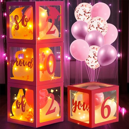 Image of AYGXU Graduation decorations class of 2026 pink- Graduation Decorations, Balloons Box (4PCS) with letters&balloons,2026 balloons,LED String Light,graduation party decorations