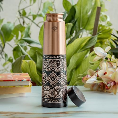 Image of INDIAN ART VILLA Pure Copper Antique Dark Embossed Design Bottle, 800 ML Capacity, Ayurvedic Health Benefits, Stylish Traditional Drinkware for Home, Office, Gym, Travel & Gifting