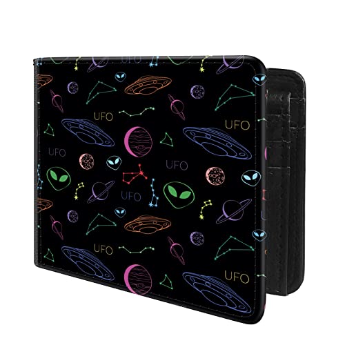 (Ufo And?Cosmic Objects On A Dark Background Front Pocket Slim Bifold Leather Wallet RFID Blocking with ID Window for Men