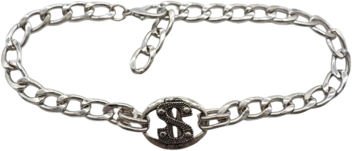 Trendy Fashion Jewelry Women’s Silver Metal Boot Chain Bracelet Set – Western Biker Bling Anklet Pair with Dollar Sign Charm $ – Shoe Charm Strap Accessory for High Heels & Ankle Boots – 11"-15" BC2