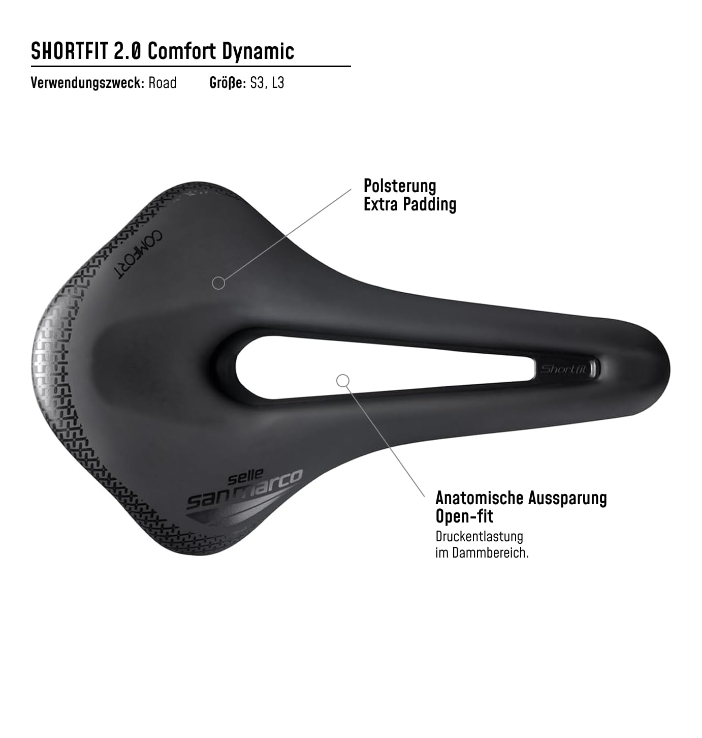Selle San Marco SHORTFIT 2.0 Comfort Dynamic – Leichter Rennradsattel mit extra Polsterung, anatomischer Bohrung, Mangan-Schienen – Größe