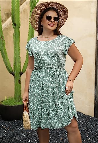 Image of Keluummi Plus Size Wedding Guest Midi Dress for Curvy Women, Summer Casual Boho Floral Graduation Tiered Sundress with Pocket(20 Plus, 08 - Green Floral)