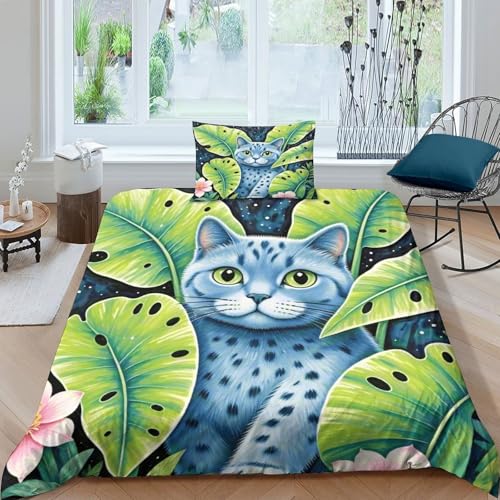 WXLWHR Housse De Couette British Shorthair Microfibre Parure De Lit À Motif Plantees Tropicales Chat avec Fermeture Éclair & Taie d'oreiller pour Garçons,...