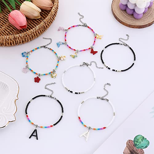 Dremcoue A Anklets For Women Personalized Beaded Ankle Bracelets For Women Morse Code Love Anklets Butterfly Flower A-Z Letter Anklets Colorful Boho Anklets For Women Girls 6 Pcs #TOP6