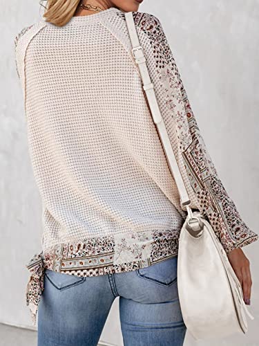 Image of Womens Boho Patchwork Blouse Tops Waffle Knit Wrap Cross Puff Sleeve Tie Knot V Neck Summer Shirts (Beige, Small)