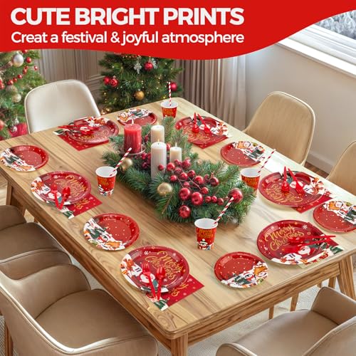 Christmas Paper Plates and Napkins, Christmas Party Supplies Disposable Dinnerware Set, Includes Heavy Duty Paper Plates, Napkins, Cups, Tablecloth, Cutlery and Banner for Xmas Decorations, Serve 20 – Image 7