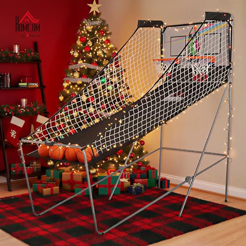 HOMCOM Ny Ny Ny och packad. korg, vikbar arkad basketset dubbelShootut dubbelkorg elektronisk räknare 4 ballonononoch pump stål svart och vit