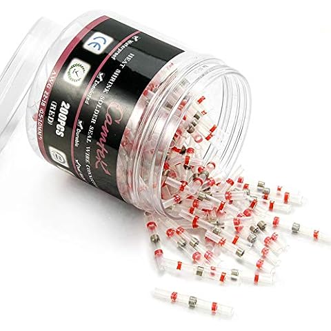 200PCS Red Solder Seal Wire Connectors 22-18 AWG, Camtek Heat Shrink Butt Connectors Terminals Electrical Wire Connectors Insulated Waterproof Marine Automotive Copper Connectors Kits Cover