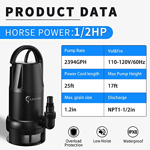 Lanchez Sump Pump Submersible 1/2 Hp 2394 Gph, Utility Pump For Clean/Dirty Water Removal, Water Pump For Pool Draining, Submersible Pump For Garden Pond Flooded Basement Water Transfer #TOP1