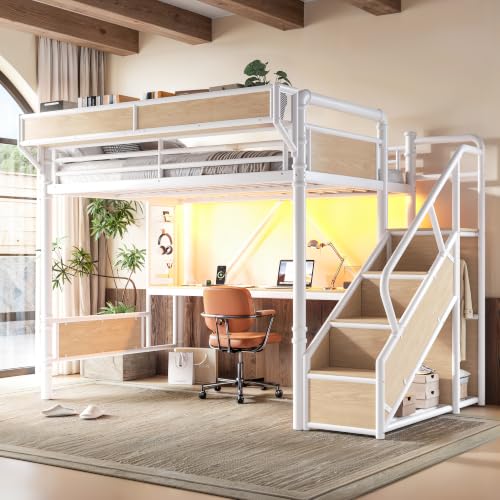 Image of Bellemave Full loft Bed with Storage Stairs, Wardrobe, Shelves, Metal Full Loft Bed Frame for Adults, Kids, Teens, White+Natural Wood with Stairs