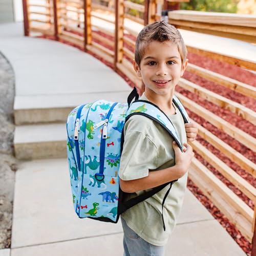 Image of Wildkin 15 Inch Backpack for Kids, Dinosaur Land | Ages 5-10, padded straps, side water bottle pocket - coordinates with matching Wildkin lunch boxes and water bottles
