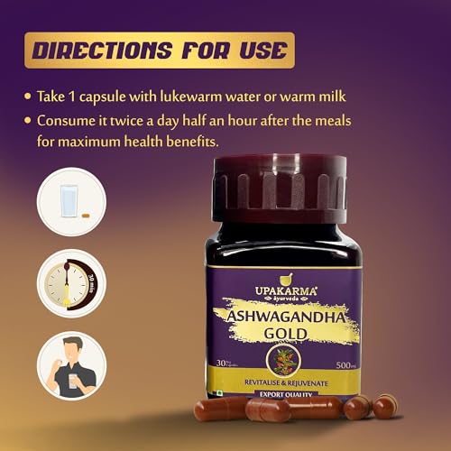 Image of Upakarma Ashwagandha Gold 30 Capsules | Contains Gold | Ashwagandha Root Extract, Brahmi, Shigru and Other Action Herbs | Helps in Stress & Sleep Management (Pack of 1)