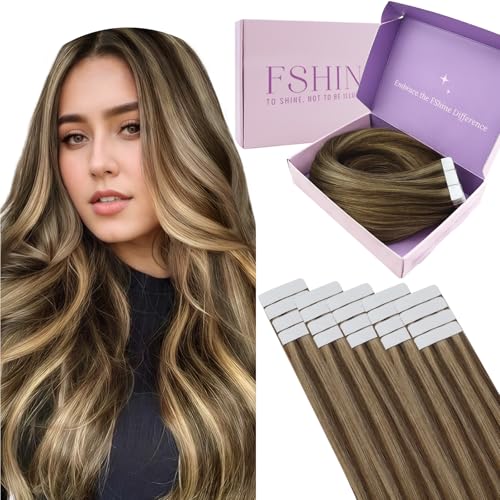 Fshine Real Human Hair Tape in Extensions,20 Inch 20 pcs 50 g,Seamless Tape in Hair Extensions Human Hair,Color 4P27 Medium Brown Highlight Honey Blonde,for Women