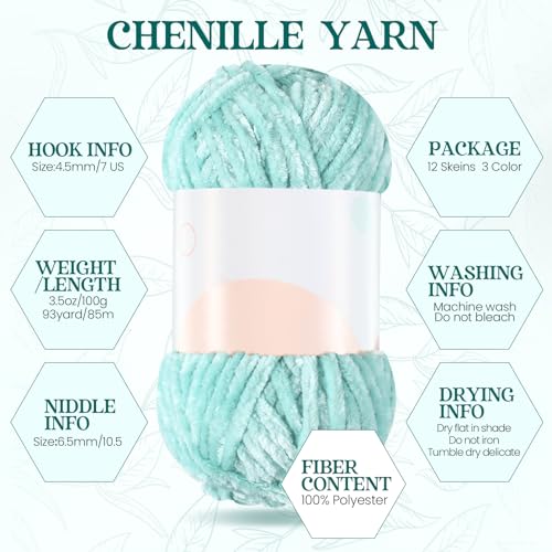 Image of Xinnun 12 Skeins 1116 Yards Chenille Velvet Soft Thick Plush Yarn Bulk for Crocheting Knitting Blanket DIY Weaving Craft, 6mm, 3.5 Oz /Skein(Green Series)