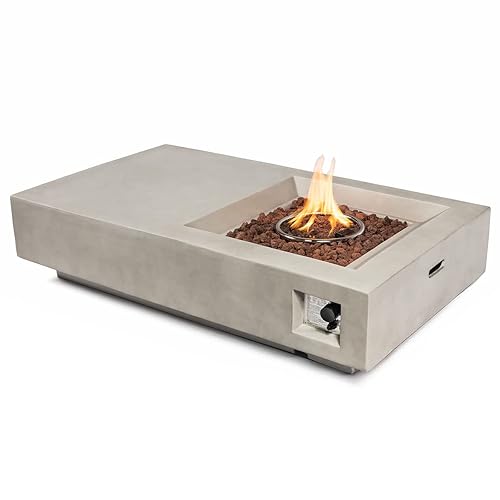 AJ Enjoy 60" Firepit Table for Outside, 50,000 BTU Large Rectangular Concrete Outdoor Firepit Tables, Laval Rocks, Side Handles, Fits 20lb Tank Outside, Grey - 60''