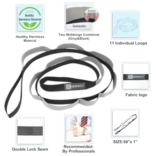 Image of A AZURELIFE Stretch Strap with 11 Loops, Elastic Stretching Strap Band - Stretch Tool for Yoga Physical Therapy, Dance and Pilates, Gymnastics, Hamstring Strength Training with Instruction Guide