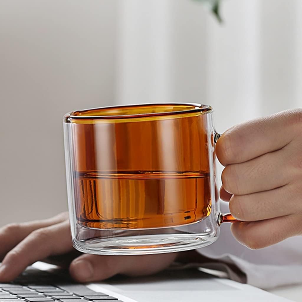 Doppelwandiges Kaffeetassen-Set Aus Glas Mit Griff, Wiederverwendbare Isolierte Kaffeetasse, Farbige Becher, Weingläser, Glasgeschirr, Trinkgläser, Teetasse, 250ml/9oz, Amber