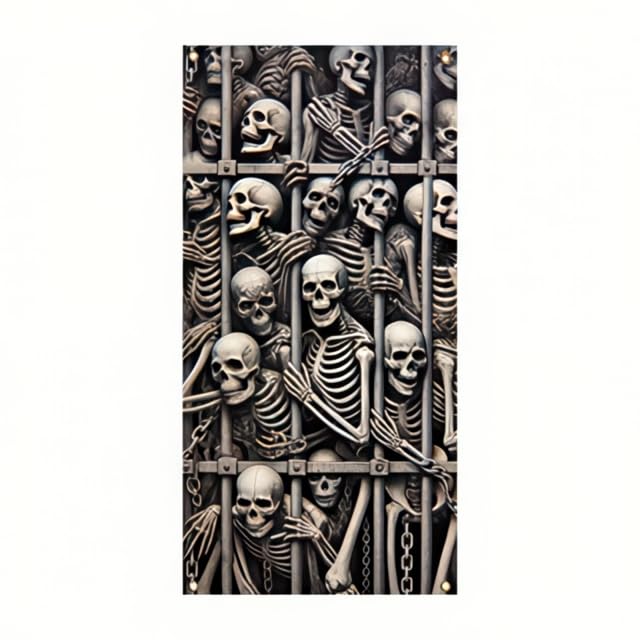 Image of Halloween Skeleton Fabric Door Cover Scary Skull Banner 35 x 71 Inch | Skeleton and Skull Design | Haunted House Door Backdrop | Halloween Party, Porch and Wall Decoration | 1 Piece