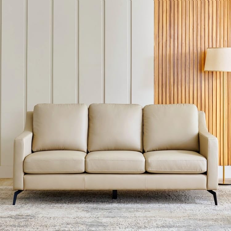 Image of Home Centre | Parque | Half Leather|Solid Wood | 3 Seater Sofas | Cream | 1 Year Warranty
