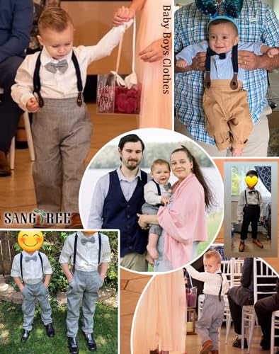 Image of SANGTREE Boys Gentleman Clothes Set, Short Sleeve Shirt with Bowtie + Suspender Pants Outfit, 3 Months - 6 Years