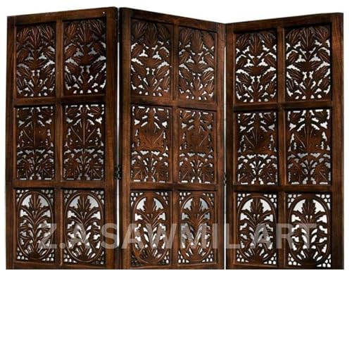 Image of Wooden Partition for Living Room, Privacy Divider, Wooden Room Separator, Divider for Office, Partition for Puja Room, (Mix Frame Design - Brown) (6 Feet 3 Panel)