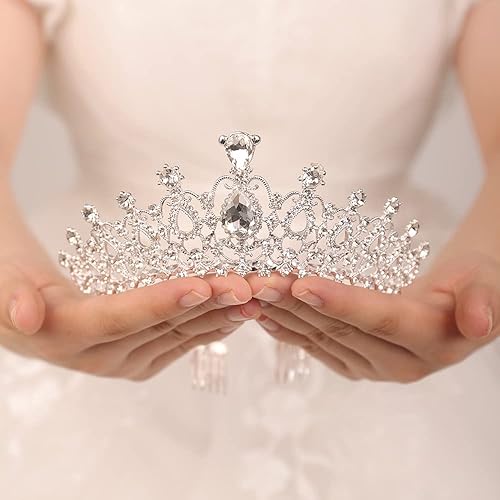 Corona de tiara plateada con peine para mujer, tiara de cristal elegante para novias, boda, diadema para concursos de graduación, fiesta de