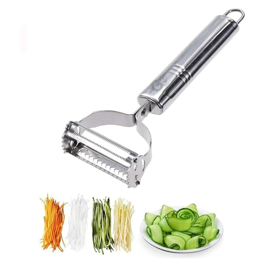 Go Store Stainless Steel 2 in 1 Julienne Vegetable Peeler Multi-Functional Fruit Vegetable Shredder Slicer Double Planing Cutter Potato Cucumber Carrot Melon Grater(Silver)