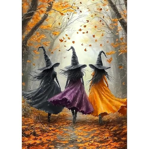 SENQAO Witch Diamond Art Kits for Adults Fall Forest Witch DIY 5D Diamond Painting Kits Full Drill Diamond Dots Paintings with Diamonds Gem Art and Crafts Home Decor 12x16inch