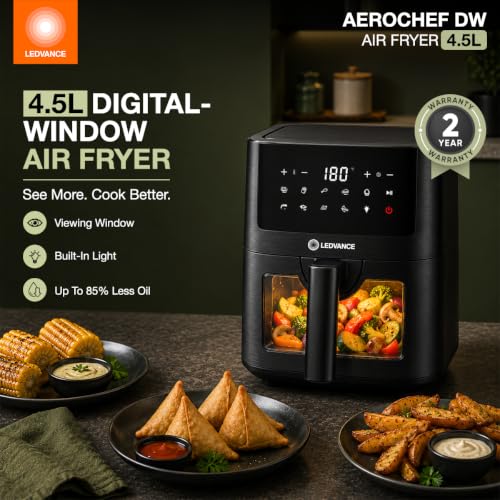 Image of Ledvance Air Fryer with viewing window | 4.5L Capacity & 1450W | 10 in 1 Functions | Digital & Touch Panel | Rapid Air Circulation | 85% Less Oil | In Built Light | 9 in 1 Preset Menus |2 Yr Warranty