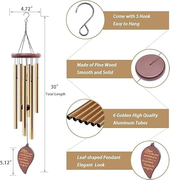 Image of Hanging Wind Chimes, 6 Rod Metal Pipes with Wooden Top Melodious Sound, Positive Energy, Gift for Garden, Patio, Meditation and Positive Energy. (Copper Color)