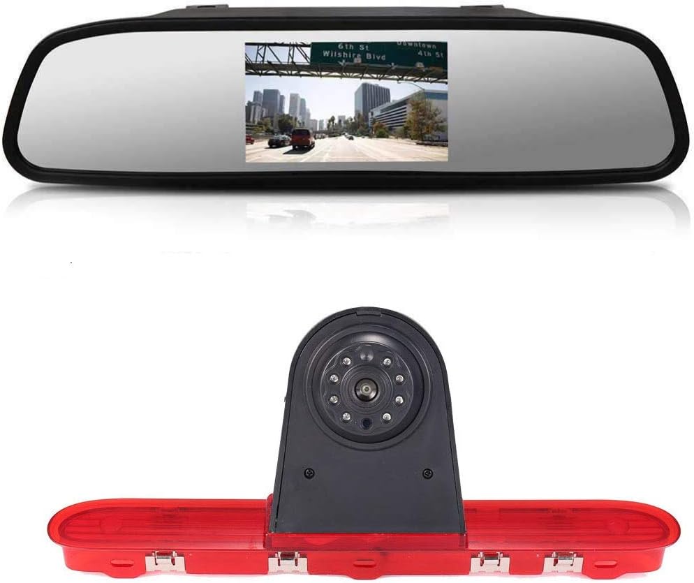 Top Mount Brake Light Rear View Reversing Camera Backup Parking Camera Transporter+4.3 inch Rearview Mirror for Toyota ProAce/verso/Citroen Dispatch/Space Tourer/Jumpy/Peugeot Traveller/Expert