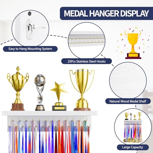 Image of Medal Holder Display Trophy Shelf Organizer, Sturdy Wooden Race Award Hanger Rack with 25 Steel Hooks, Wall Mount Storage Stand for Sports Fans, Cheer Success