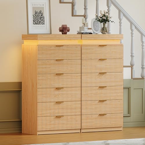 Image of Tall 6 Drawer Dresser with LED Lights and Charging Station, 53 inch Tall Fluted Dresser for Bedroom, Modern Wood Chest of Drawers for Closet Organizer Cabinet for Living Room, Natural Oak