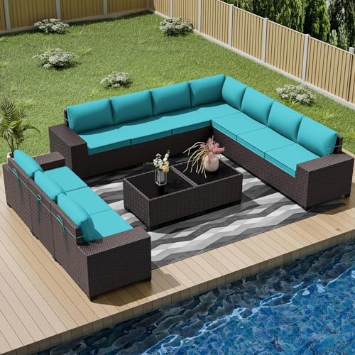 Image of 12 PCS Outdoor Patio Furniture Set,Outdoor Sectional Furniture All Weather PE Rattan Wicker Patio Conversation Set with 2 Coffee Tables and 10 Thickened Cushions,Turquoise Blue