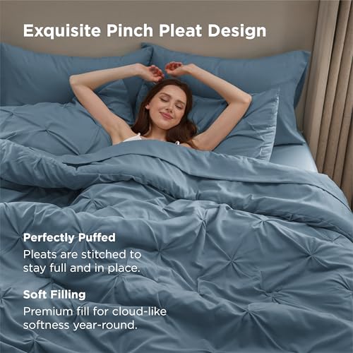 Image of Bedsure Full Comforter Set Mineral Blue - Bed in a Bag Full Size Bedding Set 7 PCS, GentleSoft Pintuck Bed Set Gift for Family, All Season Down Alternative Comforter with Sheets, Pillowcases & Shams