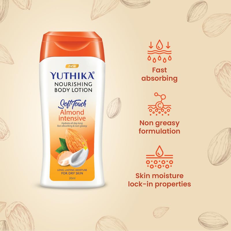 Image of Yuthika Almond Nourish Body Lotion 20ml - Hydrating Moisturizer for Men & Women, Non-Irritant & Non-Sticky, 24H Hydration for Dry to Normal Skin (24 Pcs in Jar)