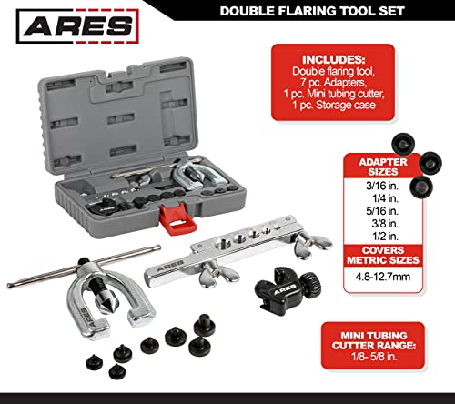 Ares 18019 - Double Flaring Tool Set With Extra Adapters- Use On Copper, Aluminum, Soft Steel Brake Line And Brass Tubing - Includes Mini Tubing Cutter And Storage Case #TOP1