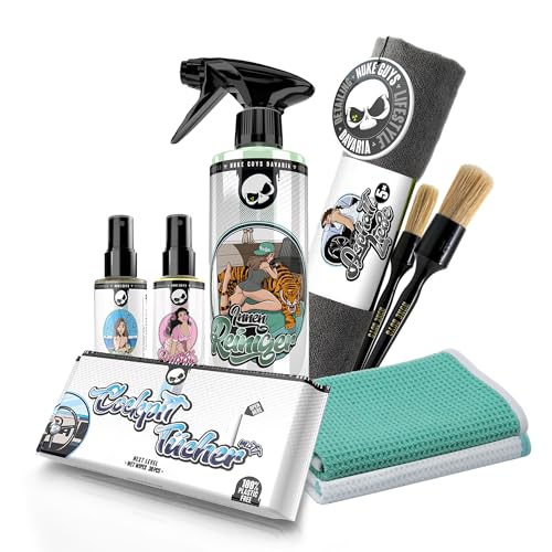 Nuke Guys Auto Reinigungsset Innenraum | Innenraumreiniger + Glasreiniger + 2X Fenstertuch + Auto Duft + Cockpit Tücher Matt + 2X Detailing Pinsel + 5X Mikrofasertuch | Autopflege Set