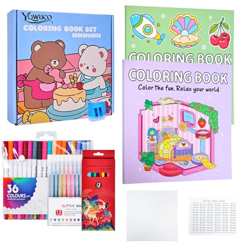 YQWUCO Coloring Book Set for Adults and Teens,Cute Coloring Book for Adults Relaxation with 60 Colored Markers, Anxiety Relief Gifts with 80 Patterns Included Animal Spaces