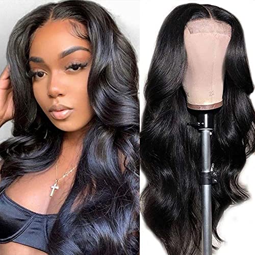 CAITLYN Body Wave Lace Closure Wig Human Hair Glueless 4x4 Lace Closure Wig Human Hair Wigs for Black Women Brazilian Hair Pre Plucked Bleached Knots Natural Black (20 inch, 180% Density)
