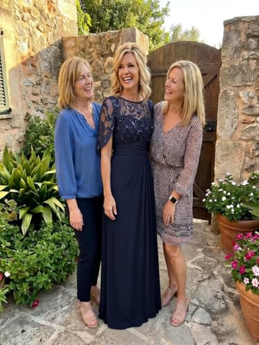 Image of Mother of The Bride Dresses - Long Chiffon Lace Appliques Cape Sleeve Ruched Waist Formal Evening Gown for Women