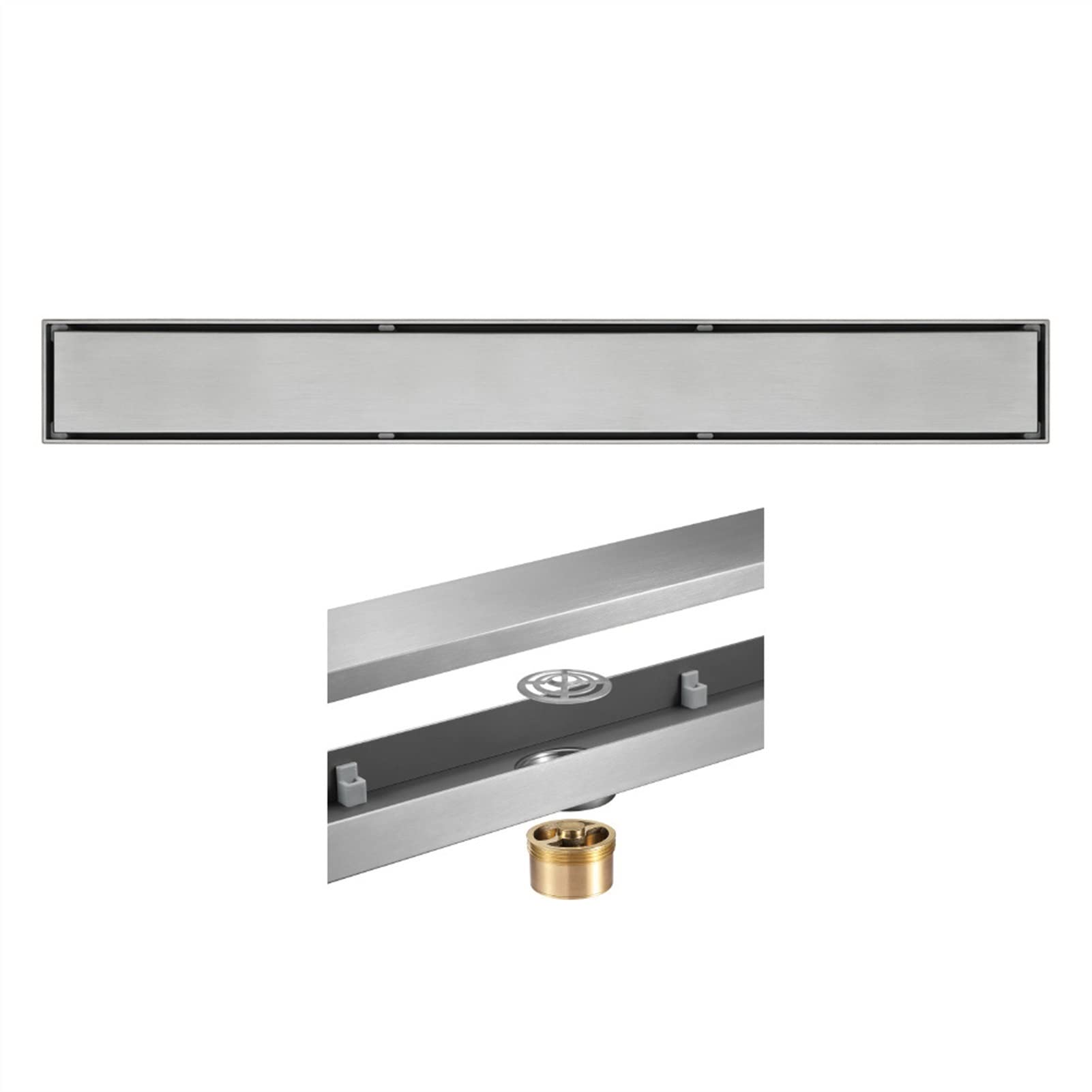 XBTGS Drenaje de piso de acero inoxidable profesional de 23.6 pulgadas con rejilla de suelo de azulejos, kit de drenaje rectangular con recogedor de pelo, aplicable en cocina, murciélago, níquel