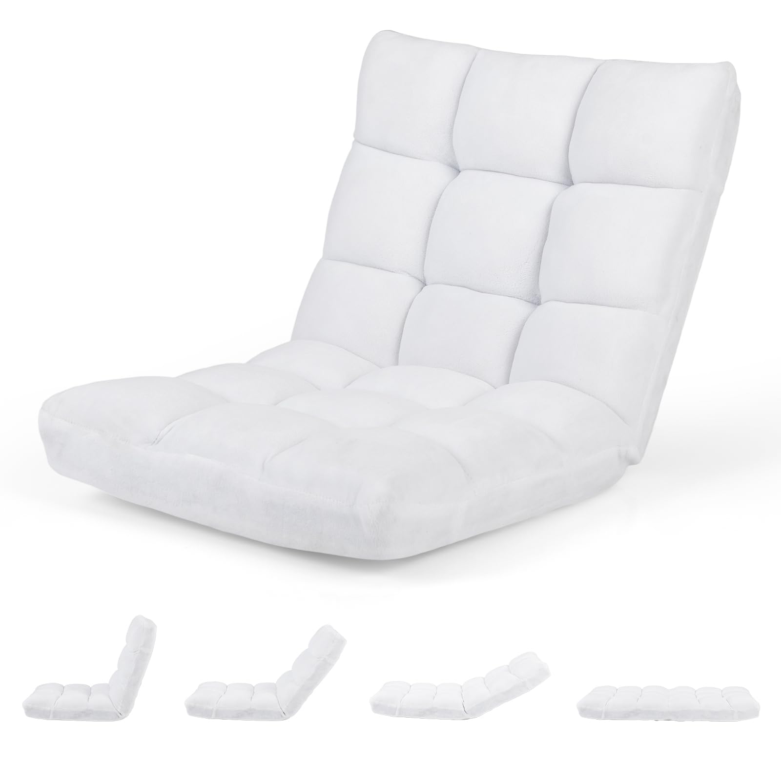 GOPLUS Sillón Relax Reclinable en 14 Posiciones, Sillla Suelo Plegable con Vellón Coral y Cojín Acolchado, Sofá Individual para Lectura y Gamer en Dormitorio, 105 x 57 x15 cm (Blanco)