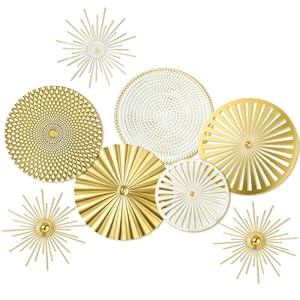 Lingvee 8 Pcs Gold Wall Decor Modern Metal Decor Metal Starbursts Radial Plate Art Hanging Decorative Wall Decorations for Home Bedroom Bathroom Living Room Office Sculpture (Gold, White)